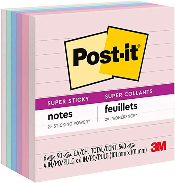 Post-it Super Sticky Recycled Notes, 4x4 in, 6 Pads, 2x the Sticking Power, Wanderlust Collection, Pastel Colors, 30% Recycled Paper (675-6SSNRP)