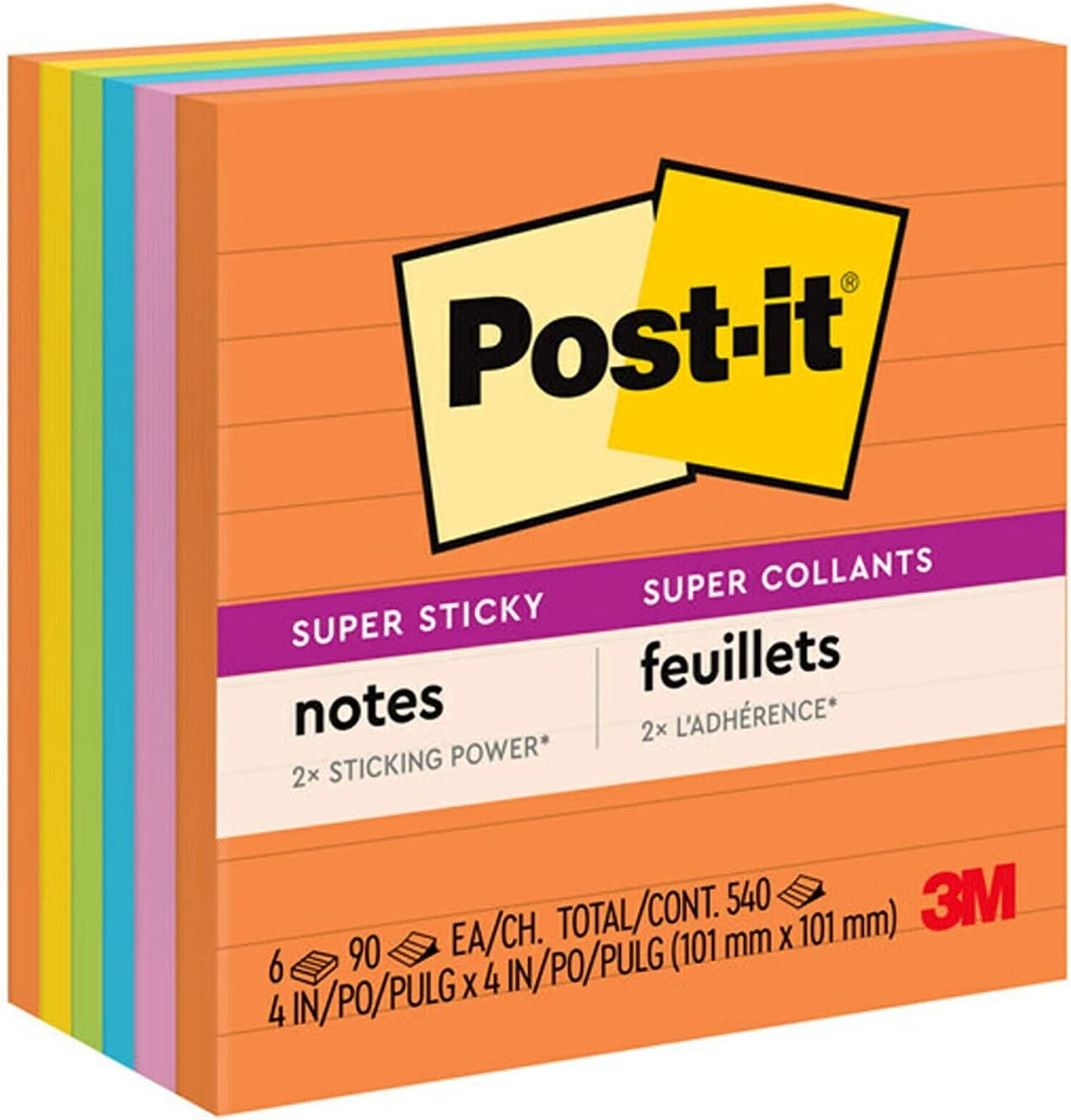 Post-it Super Sticky Notes, 4 in x 4 in, 6 Pads, 2x the Sticking Power, Energy Boost Collection, Bright Colors, Recyclable (675-6SSUC)