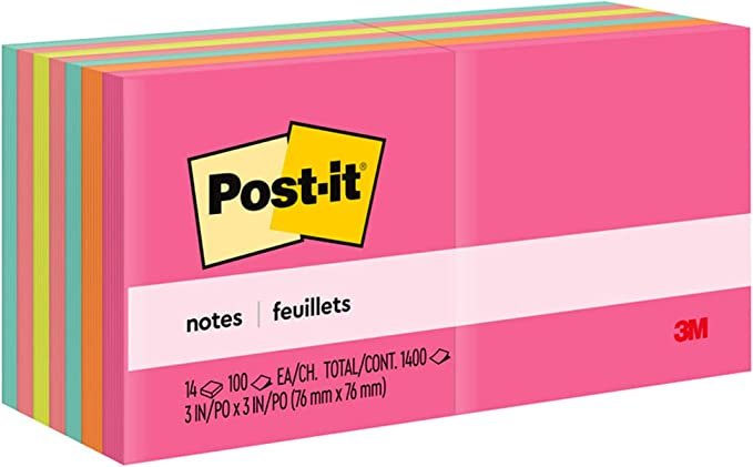 Post-it Notes, 3x3 in, 14 Pads, America's #1 Favorite Sticky Notes, Poptimistic Collection, Bright Colors (Acid Lime, Aqua Splash, Guava, Neon Green, Power Pink, Vital Orange)Recyclable (654-14AN)