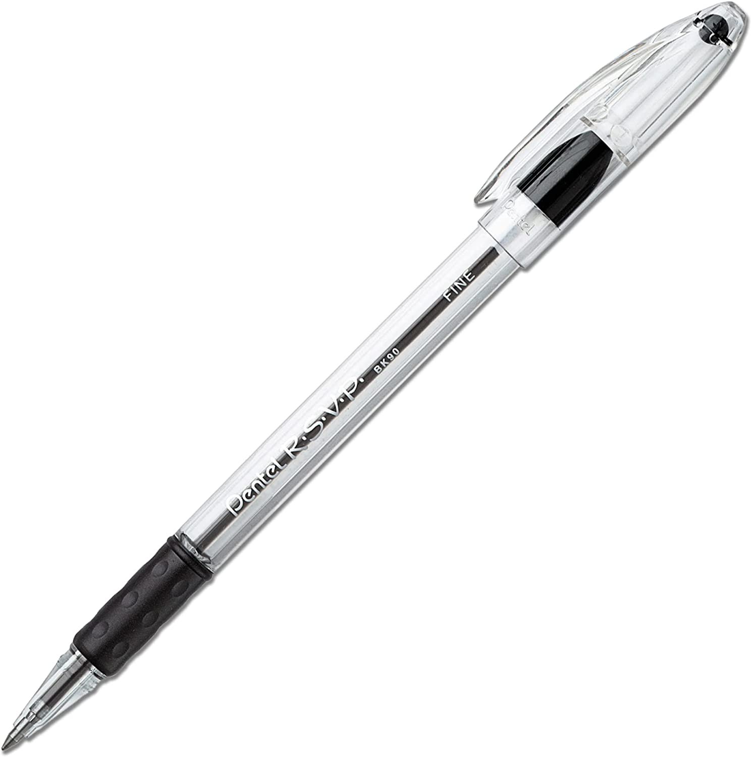 Pentel? R.S.V.P.? Ballpoint Pens, Fine Point, 0.7 mm, Clear Barrel, Black Ink, Pack of 12