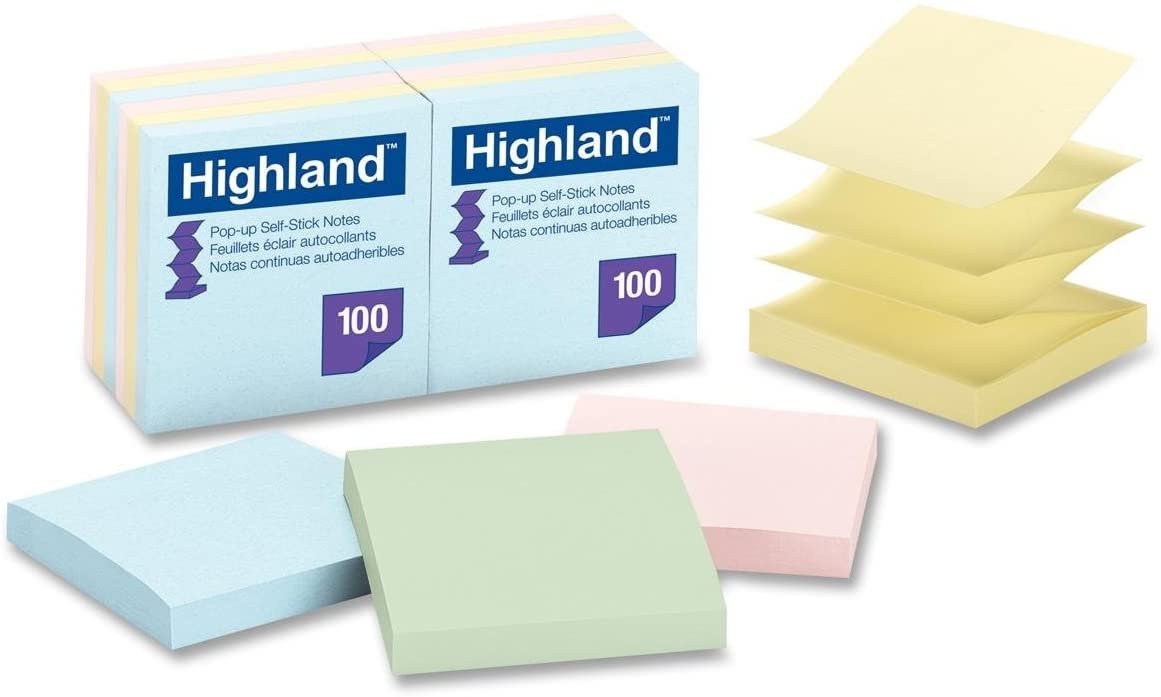 Highland Pop-up Sticky Notes, 3 x 3 Inches, Assorted Pastel Colors, 12 Pack (6549-PUA)