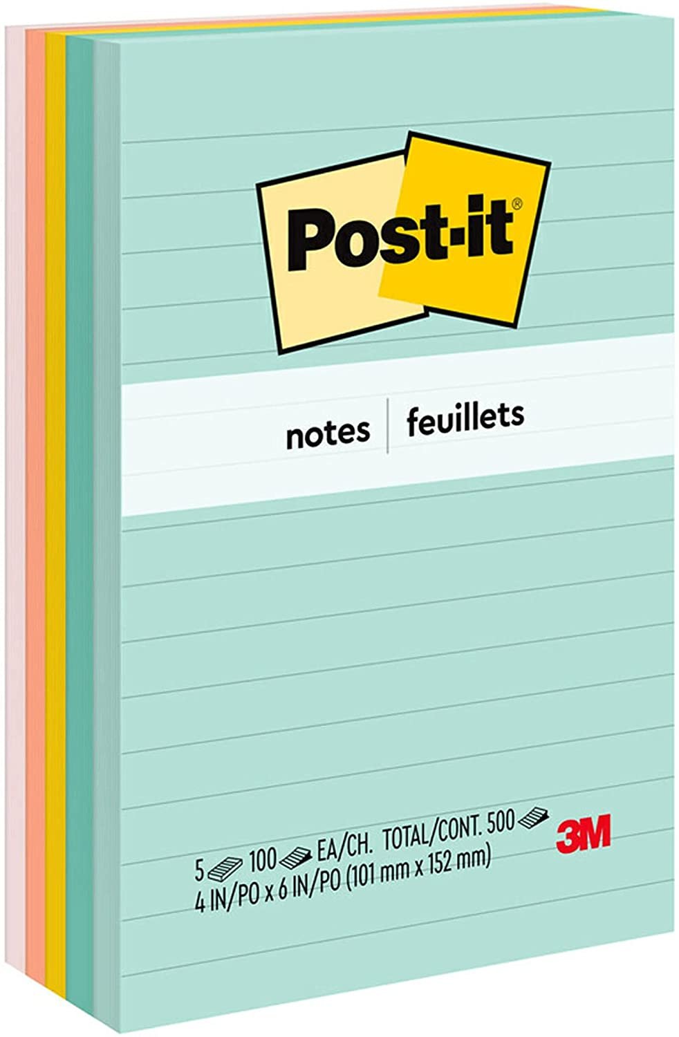 Post-it Notes, 4x6 in, 5 Pads, America's #1 Favorite Sticky Notes, Beachside Caf? Collection, Pastel Colors, Recyclable (660-5PK-AST)
