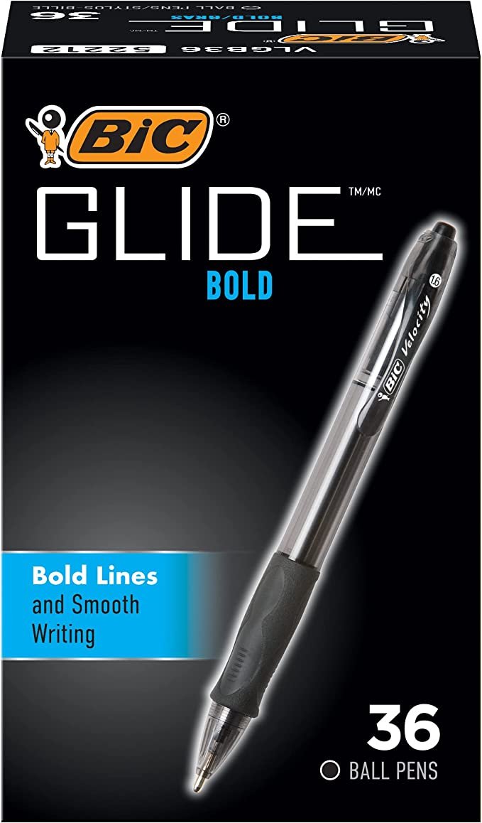 BIC Glide Bold Retractable Ballpoint Pens, Bold Point (1.6mm), Black Ink Pens, 36-Count Pack, Pens for School and Office Supplies (VLGB361-BLK)