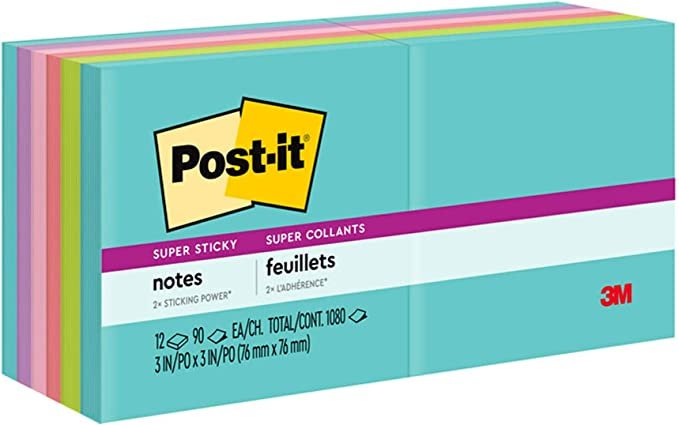 Post-it Super Sticky Notes, 3x3 in, 12 Pads, 2X the Sticking Power, Supernova Neons, Bright Colors, Recyclable (654-12SSMIA)