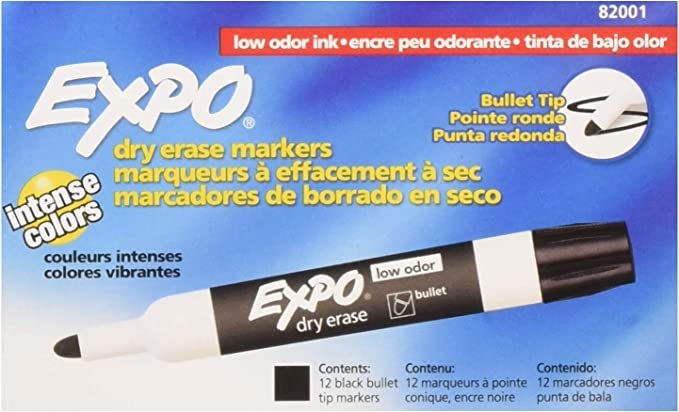 EXPO 82001 Low-Odor Bullet Black Dry Erase Markers For Use On Whiteboards, Glass and Non-porous Surfaces; Ideal for Classrooms, Offices and Homes, Pack of 12