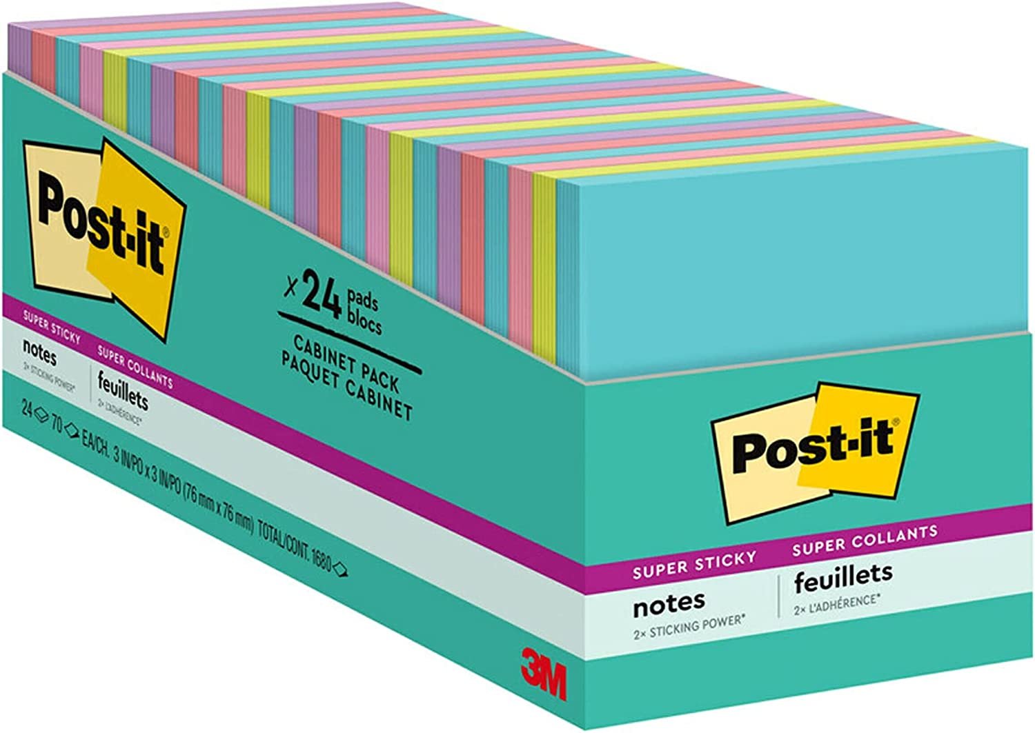 Post-it Super Sticky Notes, 3x3 in, 24 Pads, 2x the Sticking Power, Supernova Neons, Bright Colors, Recyclable(654-24SSMIA-CP)