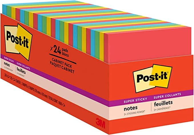 Post-it Super Sticky Notes, 3x3 in, 24 Pads, 2X the Sticking Power, Primary Colors (Red, Yellow, Green, Blue), Recyclable (654-24SSAN-CP)