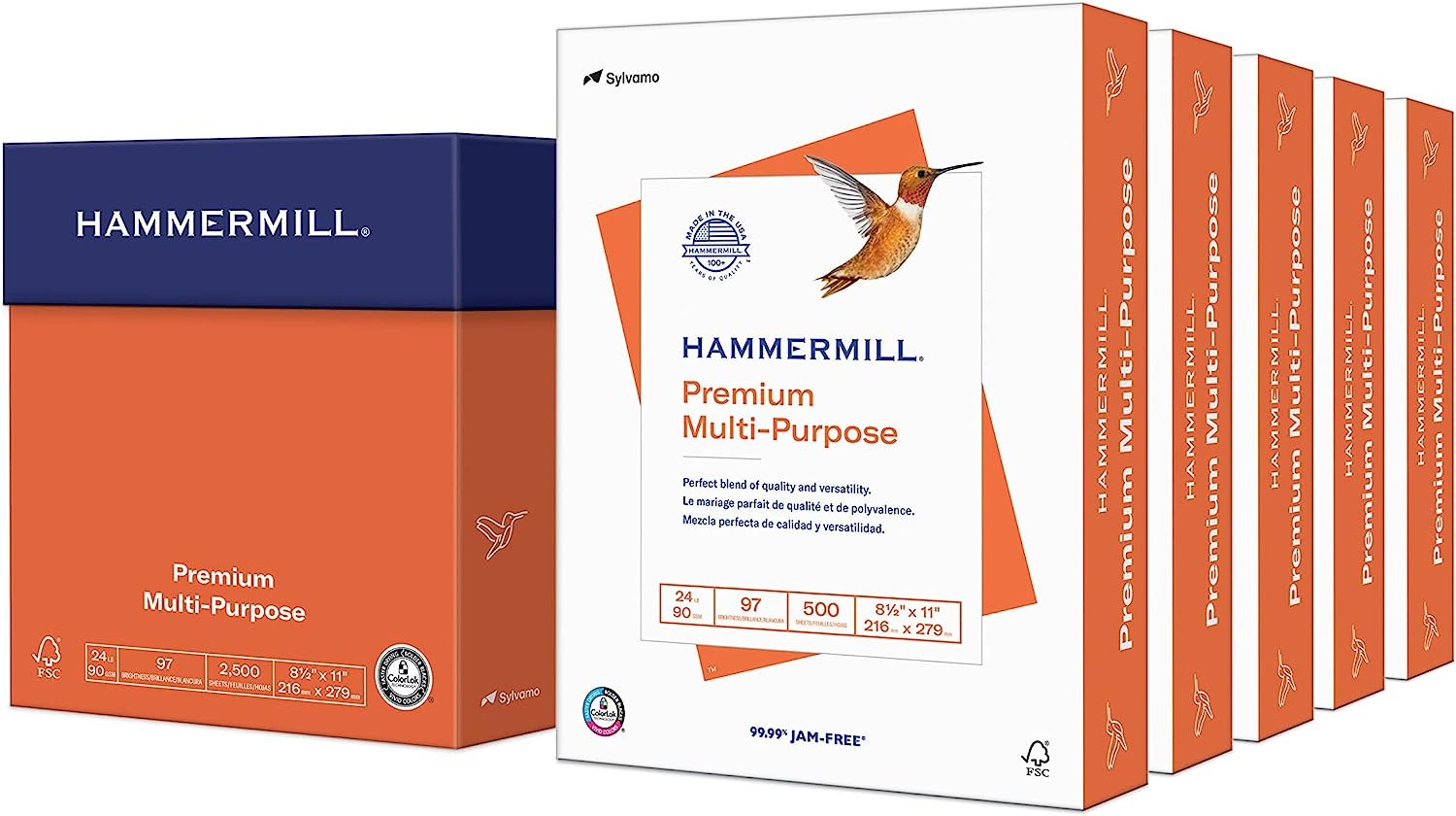 Hammermill Printer Paper, Premium Multipurpose Paper 24 lb, 8.5 x 11 - 5 Ream (2,500 Sheets) - 97 Bright, Made in the USA, 105810C