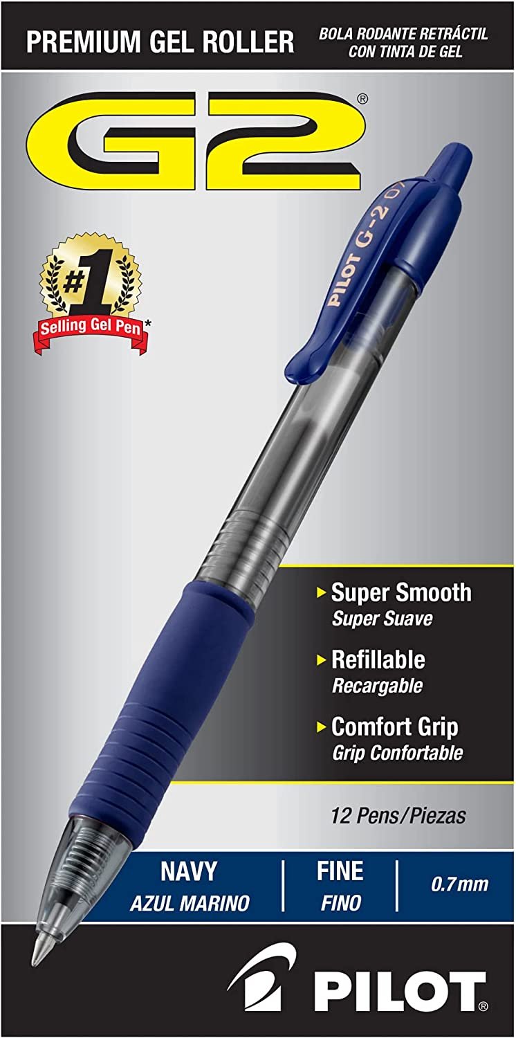 PILOT G2 Premium Refillable and Retractable Rolling Ball Gel Pens, Fine Point, Navy Blue Ink, 12-Pack (31187)