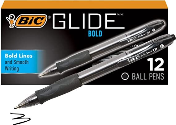 BIC Glide Bold Black Ballpoint Pens, Bold Point (1.6mm), 12-Count Pack, Retractable Ballpoint Pens With Comfortable Full Grip