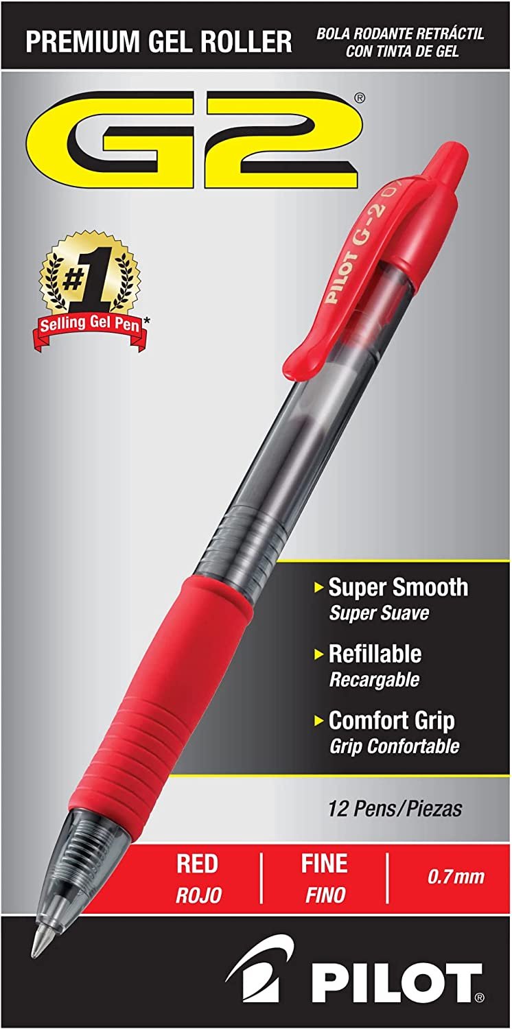 PILOT G2 Premium Refillable and Retractable Rolling Ball Gel Pens, Fine Point, Red Ink, 12-Pack (31022)