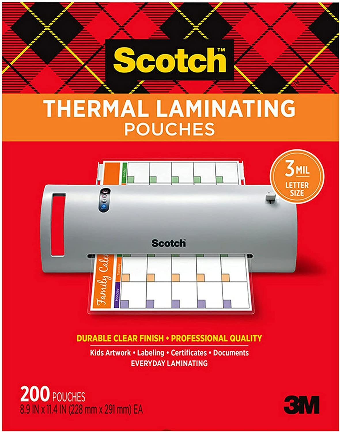 Scotch Thermal Laminating Pouches, 200-Pack, 8.9 x 11.4 Inches, Letter Size Sheets, Clear, 3-Mil (TP3854-200)