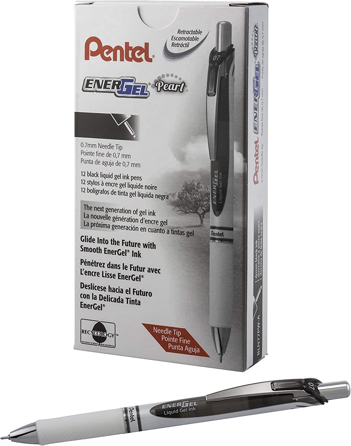 Pentel Gel Ink Pen, Pearl Retractable Gel Pen, (0.7mm) Medium Point, Needle Tip, Black Ink, 12 pack (BLN77PW-A)