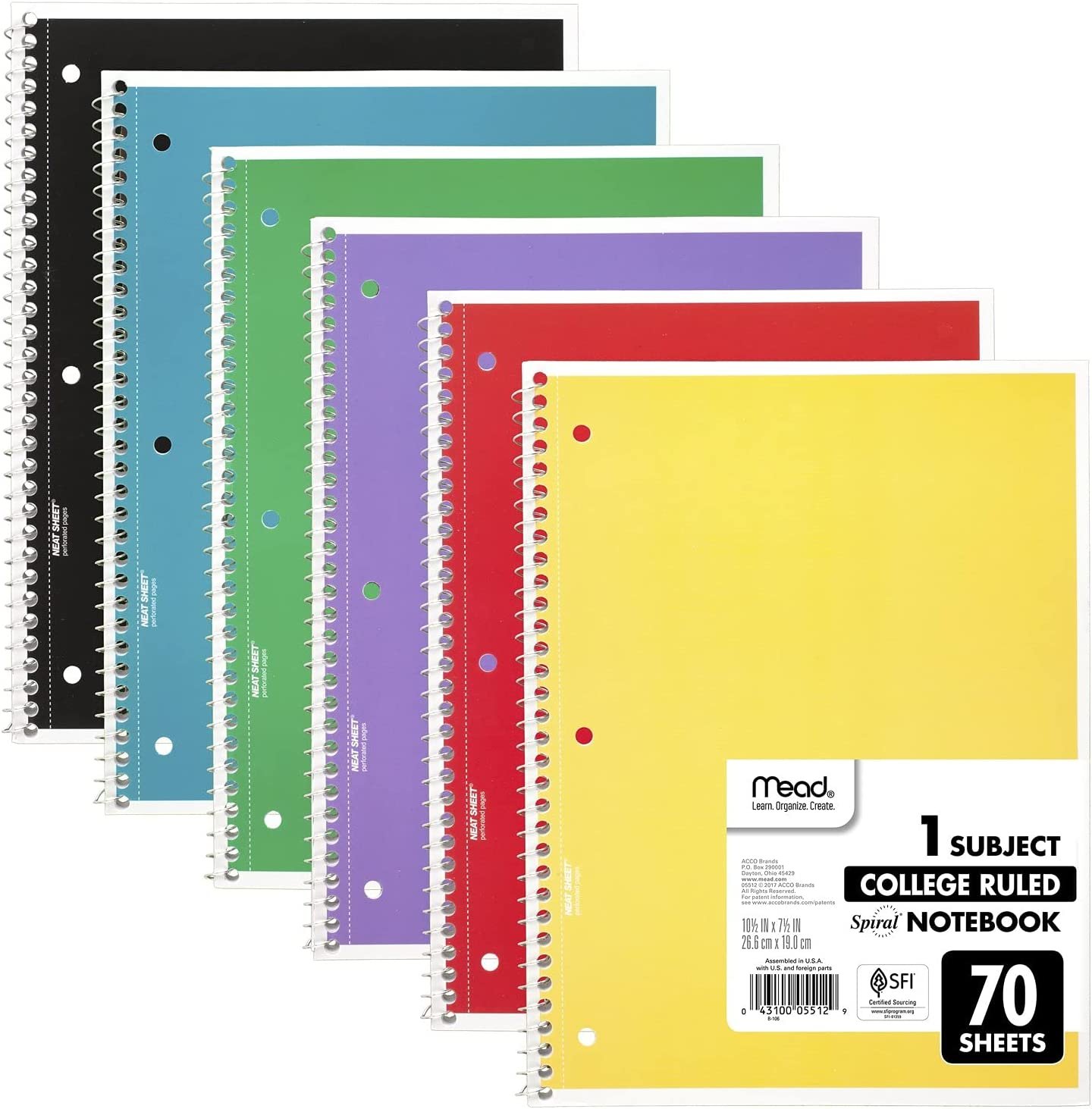 Mead Spiral Notebooks, 6 Pack, 1-Subject, College Ruled Paper, 10-1/2" x 8?, 70 Sheets per Notebook, Assorted Colors (73065)