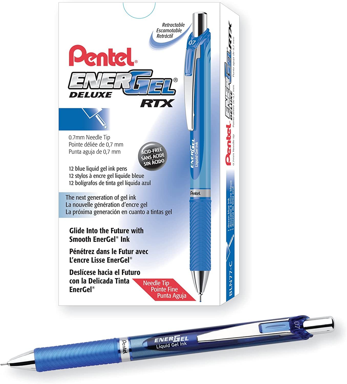 Pentel? EnerGel? Deluxe RTX Retractable Pens, Needle Point, 0.7 mm, Blue Barrel, Blue Ink, Pack of 12 Pens