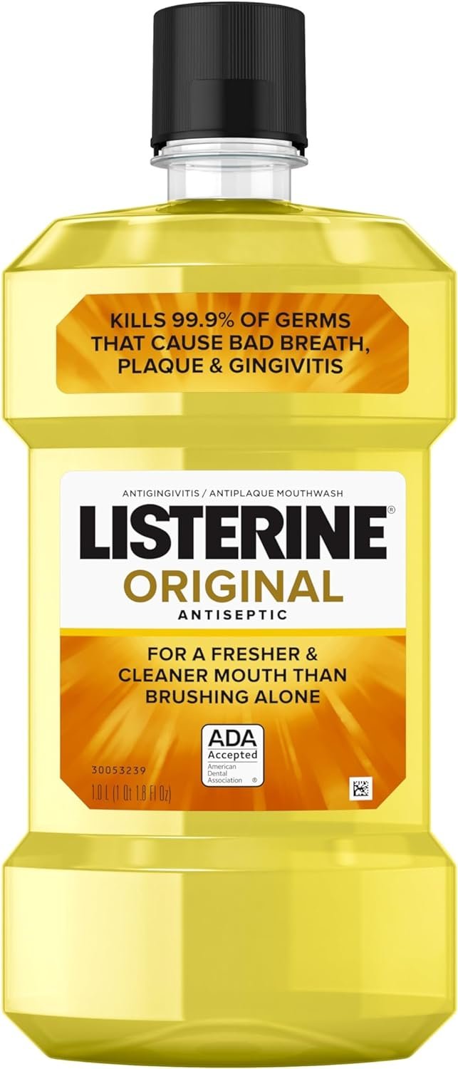 Listerine Original Antiseptic Oral Care Mouthwash to Kill 99% of Germs That Cause Bad Breath, Plaque and Gingivitis, ADA-Accepted Mouthwash, Original Flavored Oral Rinse, 1 L