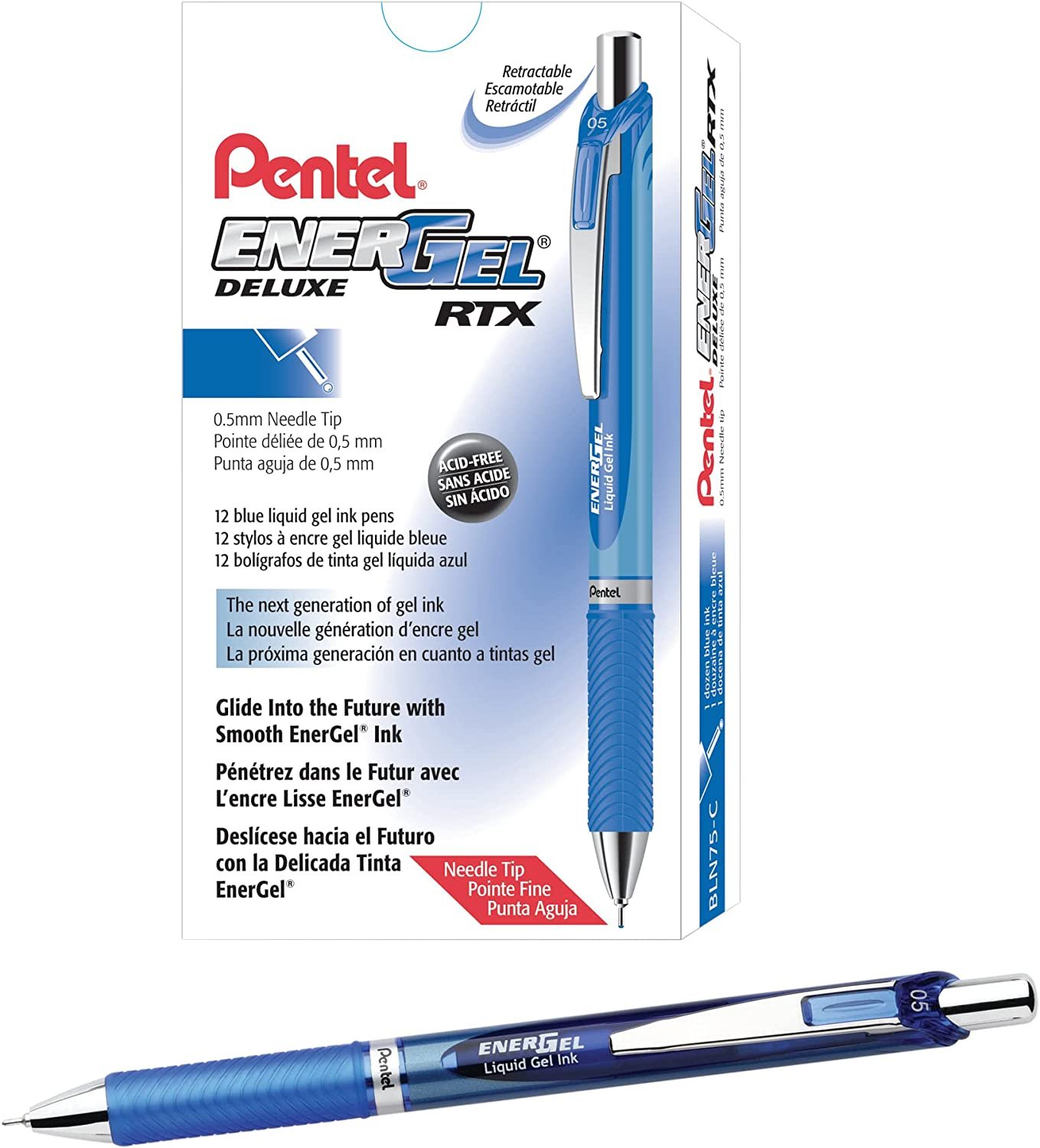 Pentel? EnerGel? RTX Retractable Liquid Gel Pens, Fine Point, 0.5 mm, 54% Recycled, Assorted Barrel Colors, Blue Ink, Pack of 12 Pens