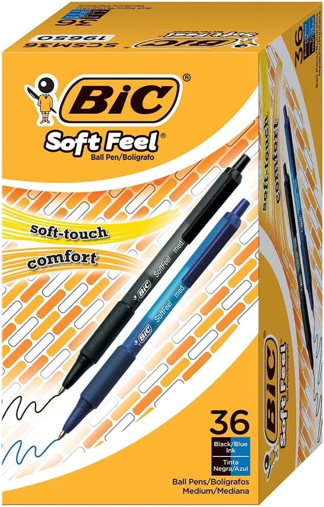 BIC Soft Feel Retractable Ballpoint Pens, Medium Point (1.0mm), Black and Blue, 36-Count, Soft-Touch Barrel for Comfort