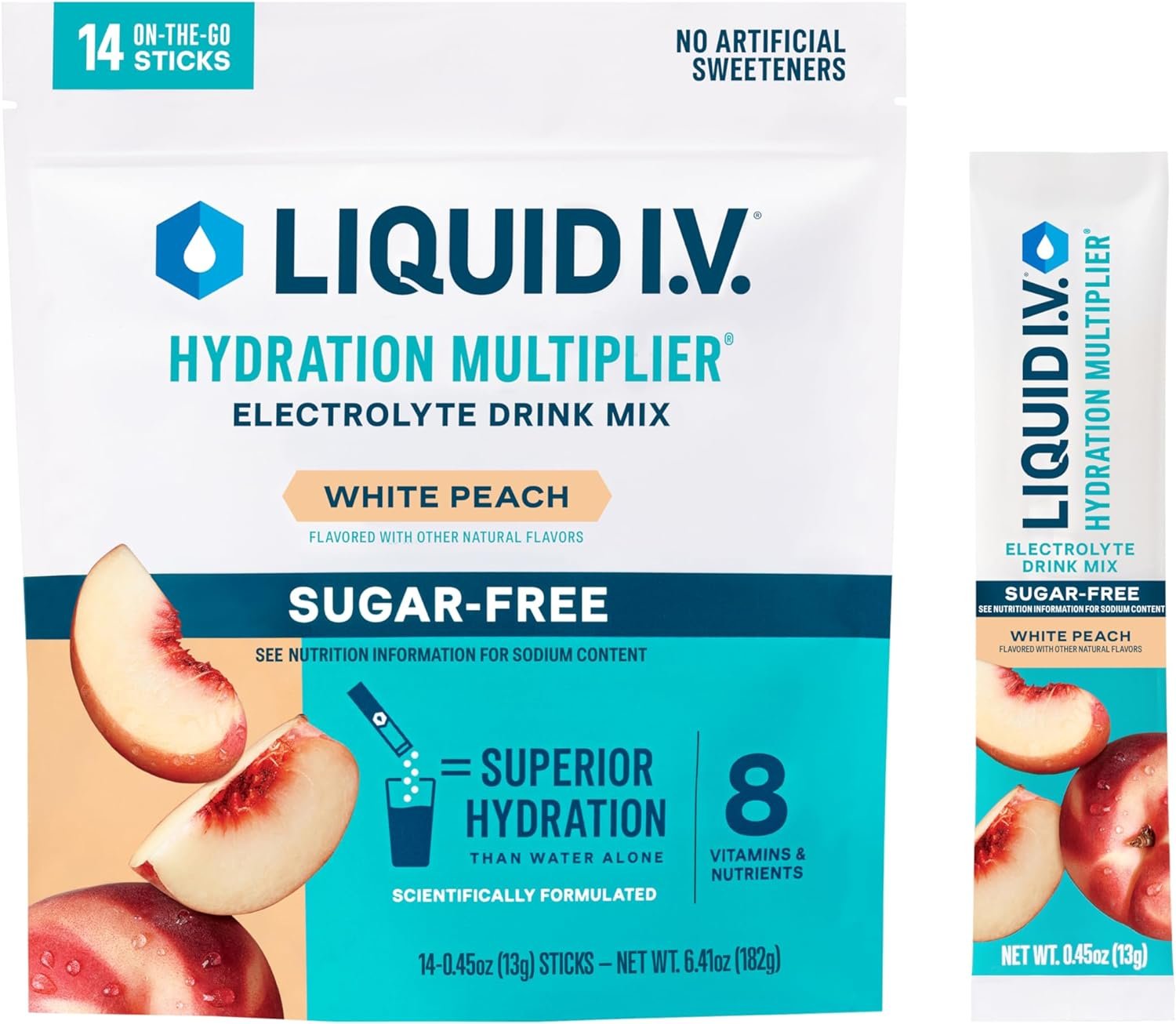 Liquid I.V.? Hydration Multiplier? Sugar-Free - White Peach - Hydration Powder Packets | Electrolyte Powder Drink Mix | Convenient Single-Serving Sticks | Non-GMO | 14 Servings (Pack of 1)