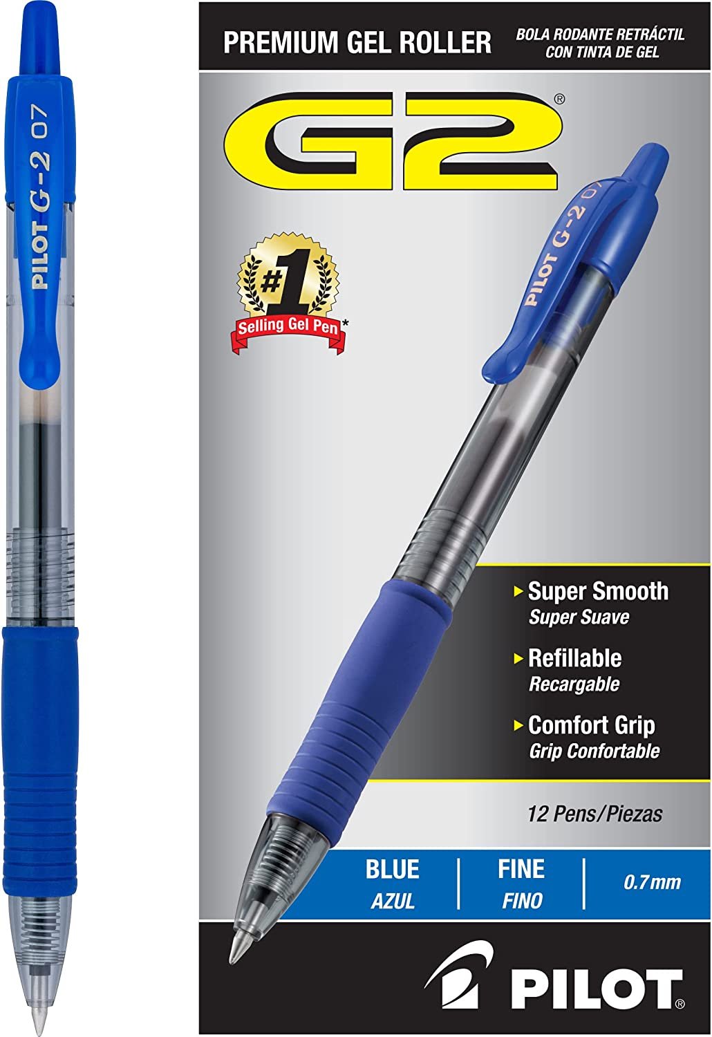 G2 Premium Gel Pen, Retractable, Fine 0.7 mm, Blue Ink, Smoke Barrel, 12/Pack