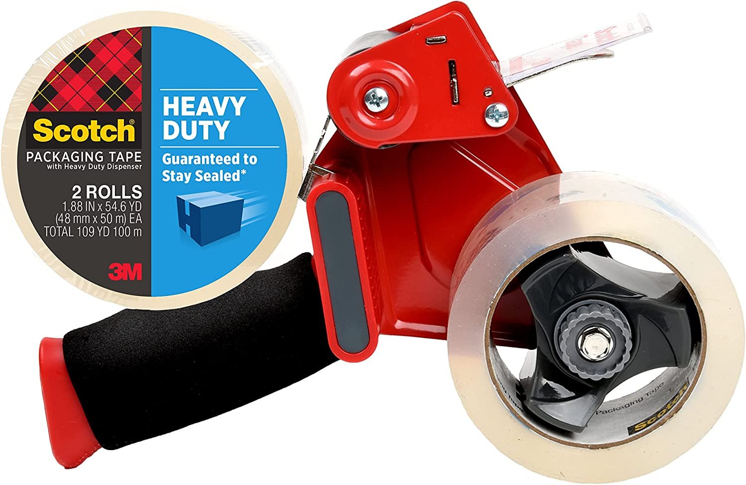 Scotch Heavy Duty Packaging Tape, 1.88" x 54.6 yd, Designed for Packing, Shipping and Mailing, Strong Seal on All Box Types, 3" Core, Clear, 2 Rolls w/Dispenser (3850-2ST)