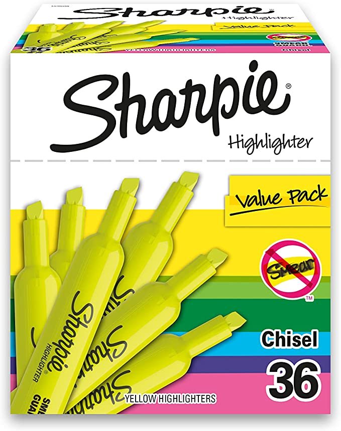 Sharpie Tank Style Highlighters, Chisel Tip, Fluorescent Yellow, Box of 36 (1920938)