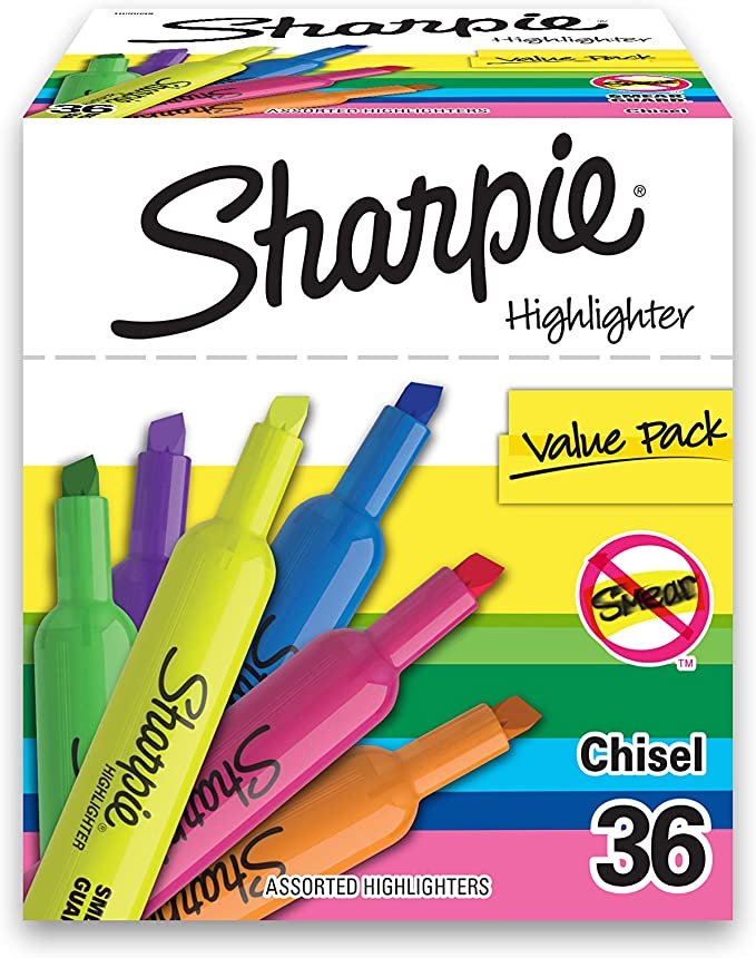 SHARPIE Tank Highlighters, Chisel Tip, Assorted Color Highlighters, Value Pack, 36 Count