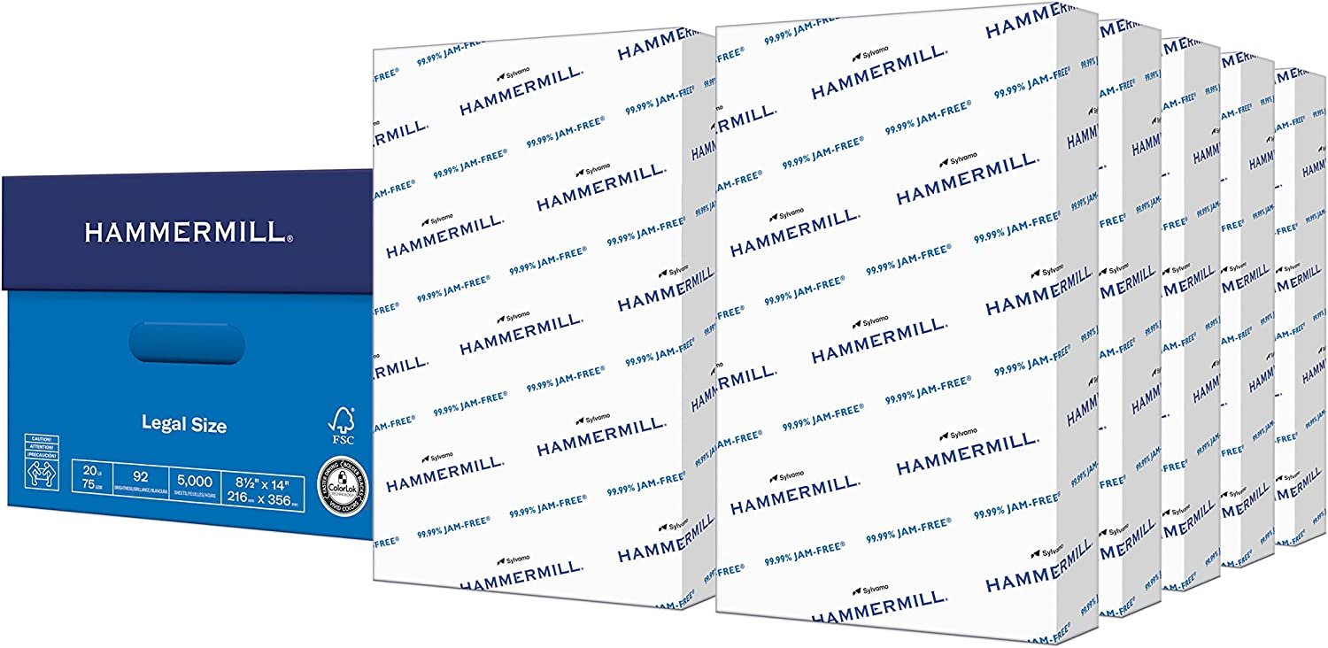 Hammermill Printer Paper, 20 lb Copy Paper, 8.5 x 14 - 10 Ream (5,000 Sheets) - 92 Bright, Made in the USA, 105015C