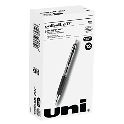 Black Retractable Gel Pens 12 Pack with Medium Points, Uni-Ball 207 Signo Click Pens are Fraud Proof and the Best Office Pens, Nursing Pens, Business Pens, School Pens, and Bible Pens