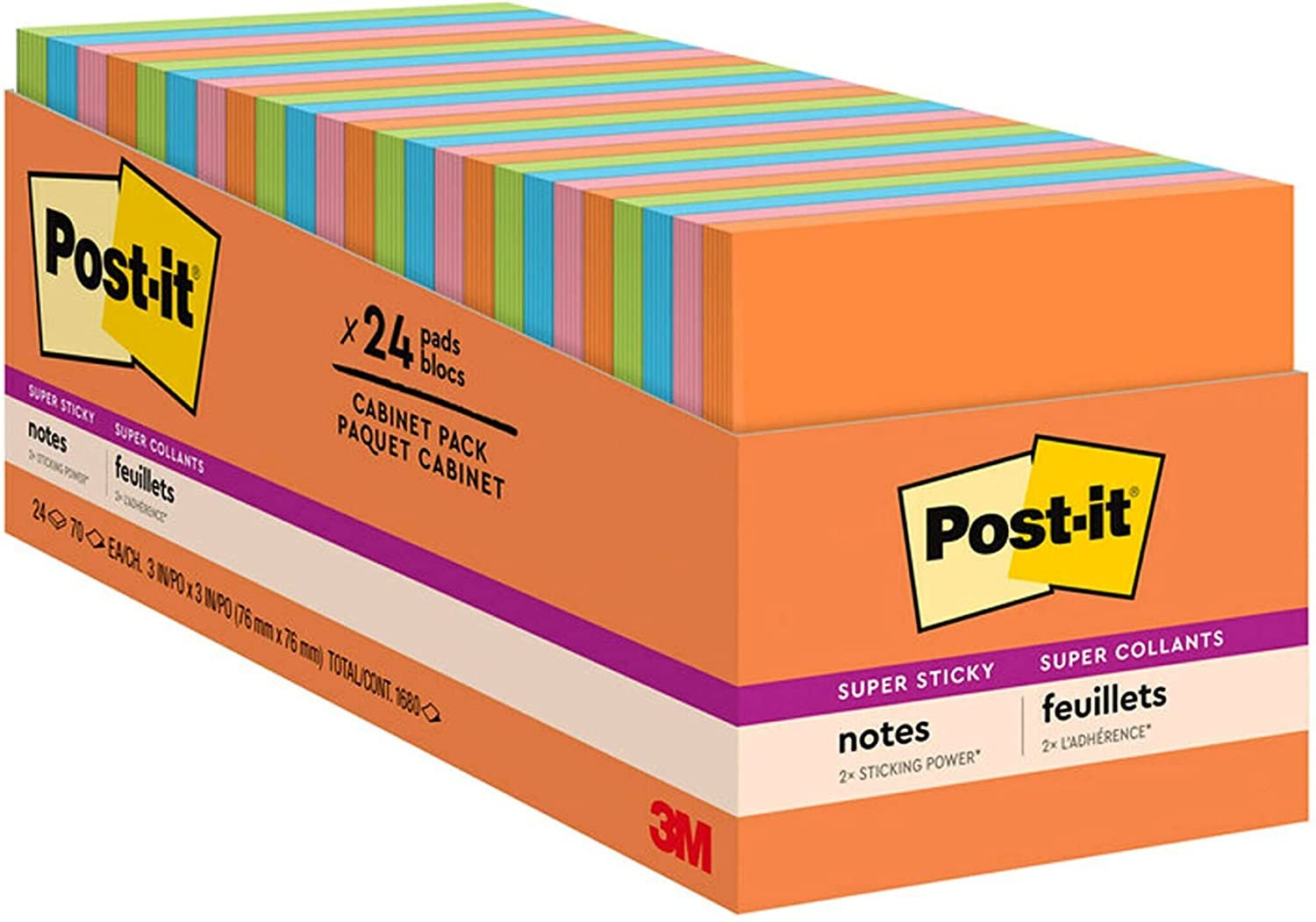 Post-it Super Sticky Notes, 3x3 in, 24 Pads, 2x the Sticking Power,Energy Boost Collection, Bright Colors (Orange, Pink, Blue, Green), Recyclable (654-24SSAU-CP)