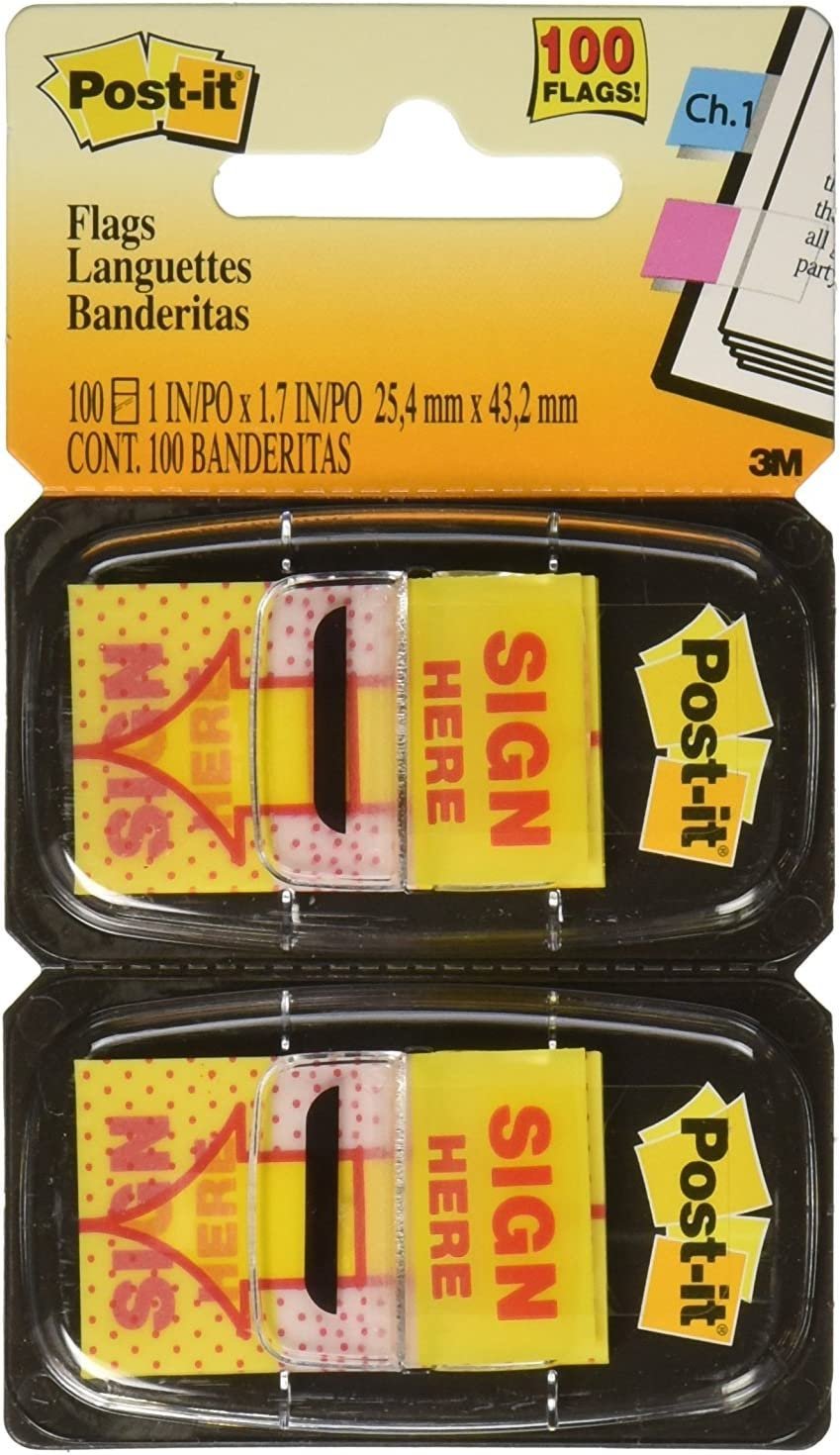 Post-it Message "Sign Here" Flags Value Pack, 50/Dispenser, 12 Dispensers/Pack, 1 in Wide, Yellow (680-SH12)