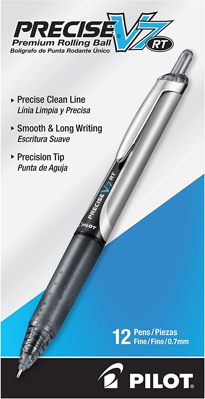 PILOT Precise V7 RT Refillable & Retractable Liquid Ink Rolling Ball Pens, Fine Point (0.7mm) Black Ink, 12-Pack (26067)