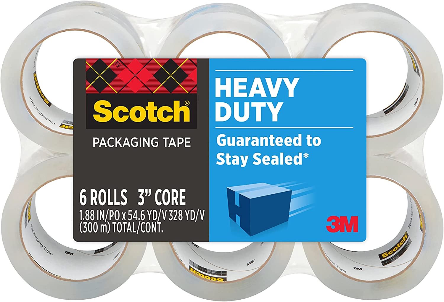 Scotch Heavy Duty Shipping Packaging Tape, 1.88" x 54.6 yd, 3" Core, Clear, Great for Packing, Shipping & Moving, 6 Rolls (3850-6)