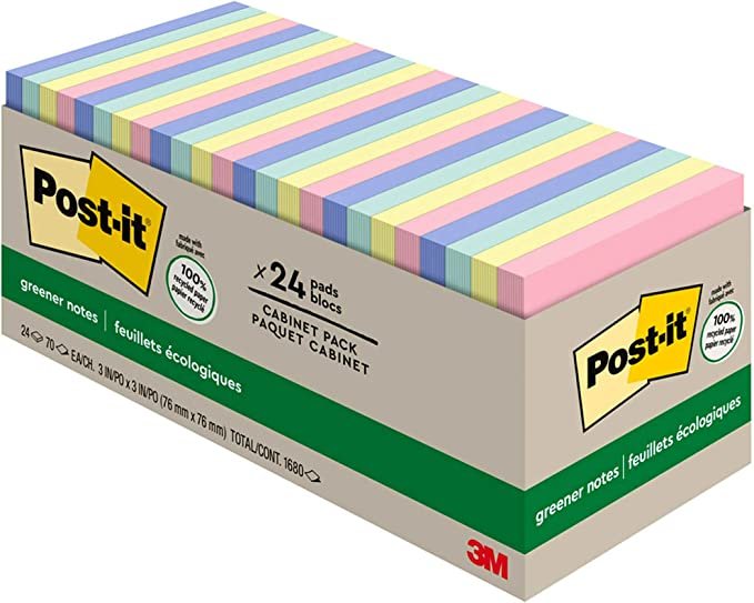 Post-it Greener Notes, 3x3 in, 24 Pads, America's #1 Favorite Sticky Notes, Sweet Sprinkles Collection, Pastel Colors, Clean Removal, 100% Recycled Material (654R-24CP-AP)