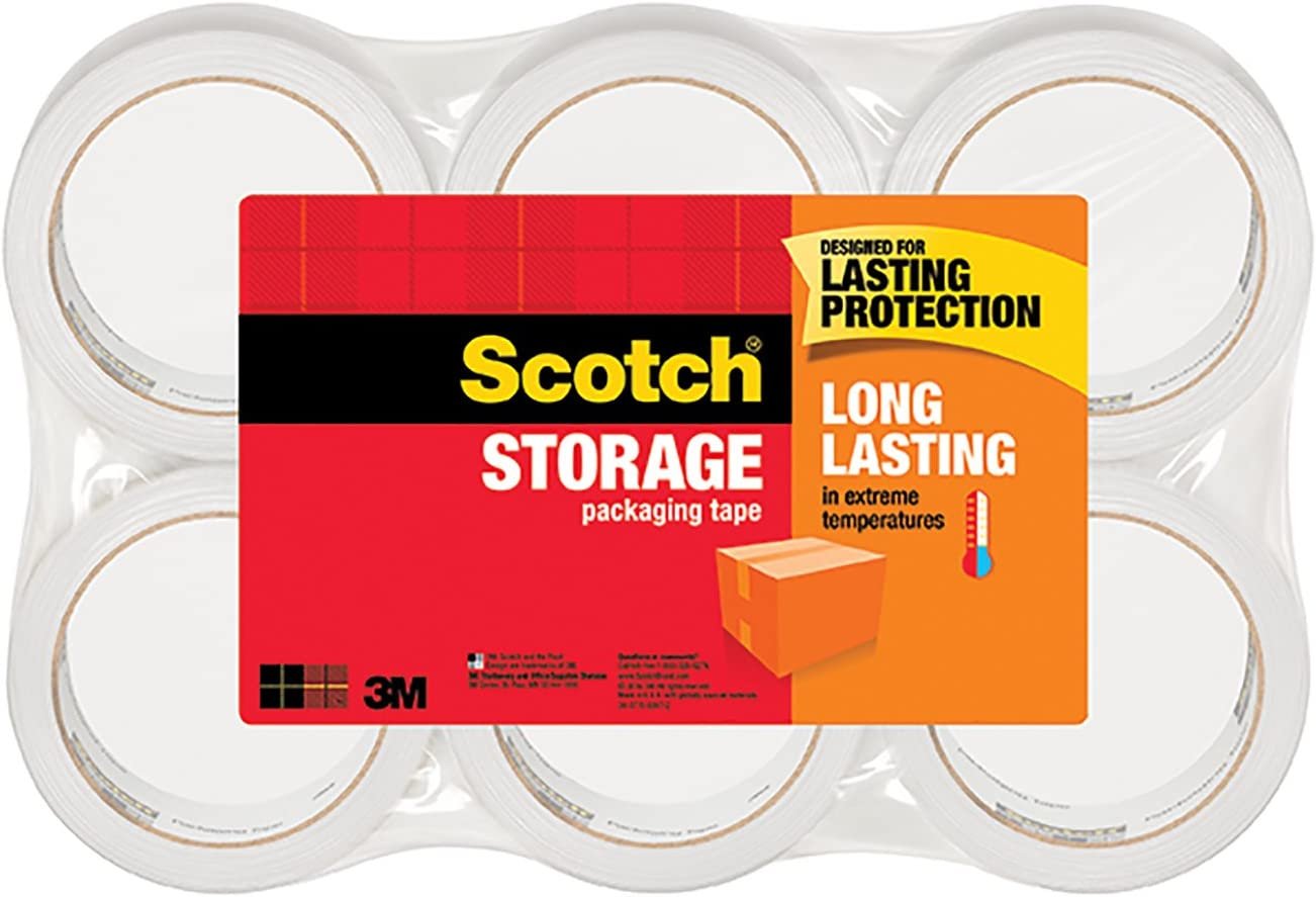 Scotch Long Lasting Storage Packaging Tape, 1.88" x 54.6 yd, Designed for Storage and Packing, Stays Sealed in Weather Extremes, 3" Core, Clear, 6 Rolls (3650-6)