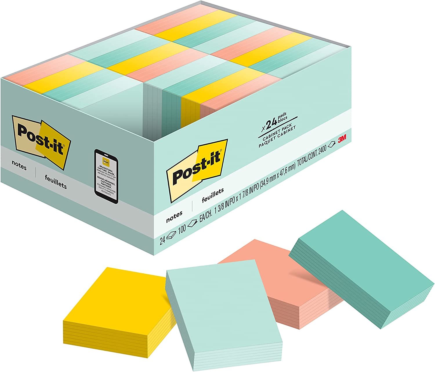 Post-it Notes, 1.5x2 in, 24 Pads, America's #1 Favorite Sticky Notes, Beachside Caf? Collection, Pastel Colors, Clean Removal, Recyclable (654-14AU)
