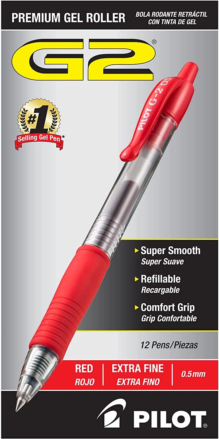 PILOT G2 Premium Refillable and Retractable Rolling Ball Gel Pens, Extra Fine Point, Red Ink, 12-Pack (31004)