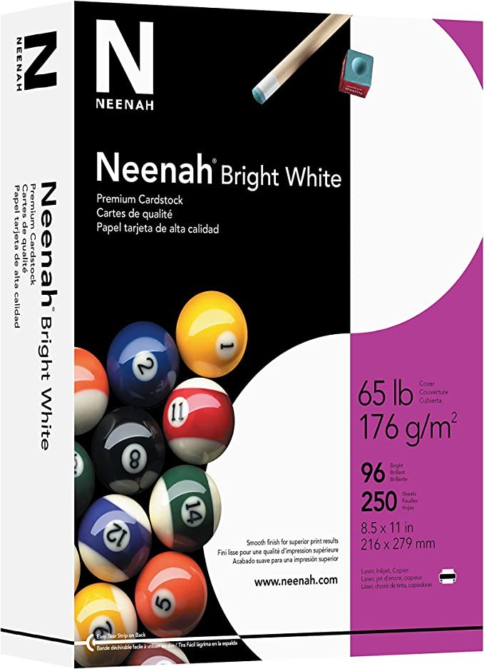 Neenah Premium Cardstock, 8.5" x 11", 65 lb/176 gsm, Bright White, 250 Sheets (91904)