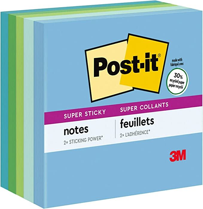 Post-it Super Sticky Recycled Notes, 3x3 in, 5 Pads, 2x the Sticking Power, Oasis Collection, 30% Recycled Paper (654-5SST)