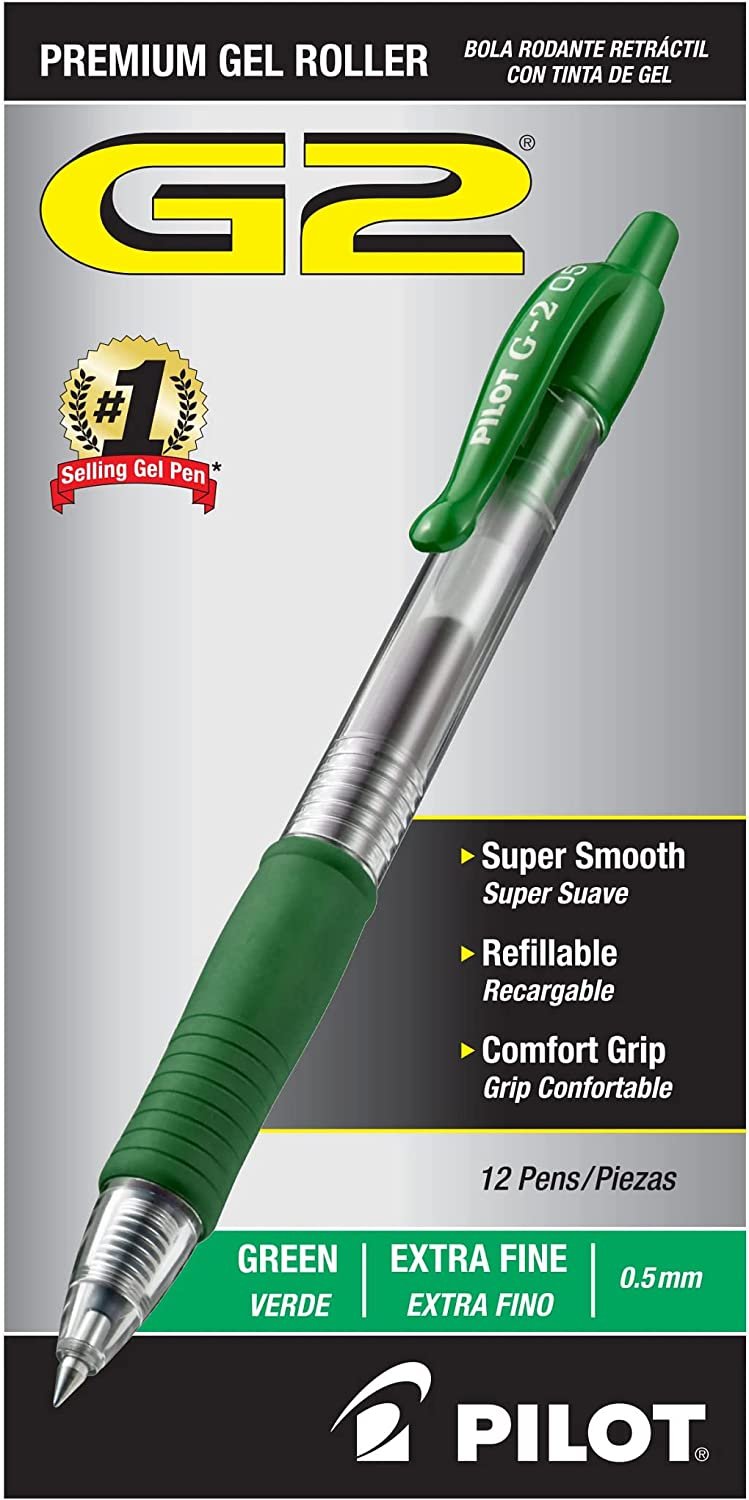 PILOT G2 Premium Refillable and Retractable Rolling Ball Gel Pens, Extra Fine Point, Green Ink, 12-Pack (31005)