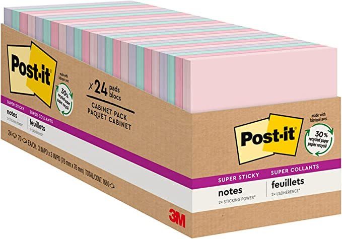 Post-it Super Sticky Recycled Notes, 3x3 in, 24 Pads, 2x the Sticking Power, Wanderlust Collection, Pastel Colors, 30% Recycled Paper (654-24NH-CP)
