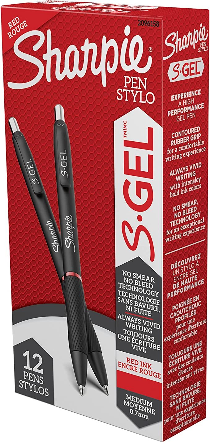 Sharpie S-Gel, Gel Pens, Medium Point (0.7mm), Red Ink Gel Pen, 12 Count