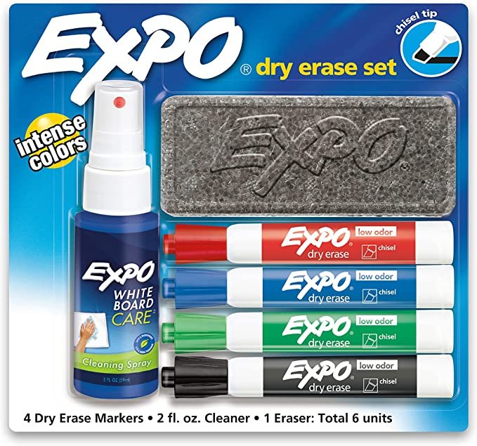 EXPO Low Odor Dry Erase Marker Starter Set, Chisel Tip, Assorted, Whiteboard Eraser, Cleaning Spray, 6 Count