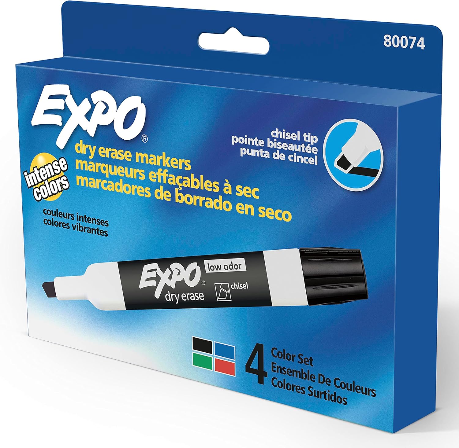EXPO Low Odor Dry Erase Markers, Chisel Tip, Assorted Colors, 4 Count