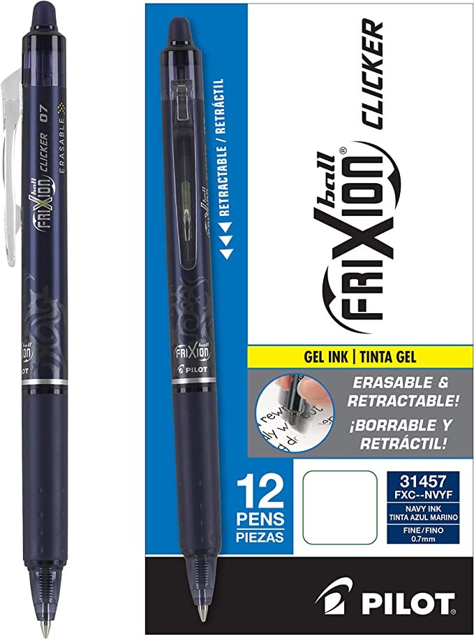 PILOT FriXion Clicker Erasable, Refillable & Retractable Gel Ink Pens, Fine Point, Navy Blue Ink, 12-Pack (31457)