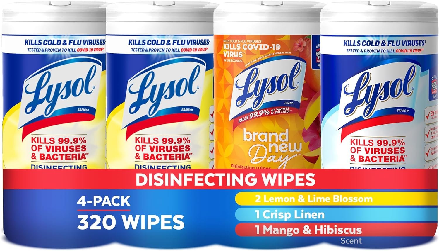 Lysol Disinfectant Wipes Bundle, Multi-Surface Antibacterial Cleaning Wipes, contains x2 Lemon & Lim Blossom, Crisp Linen, Mango & Hibiscus, Pack of 4