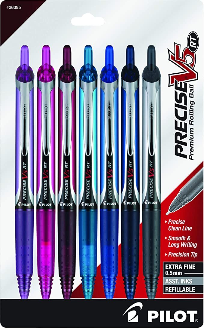 PILOT Pen 26095 Precise V5 RT Refillable & Retractable Premium Rolling Ball Pens, Extra Fine Point (0.5mm), Assorted Colors, 7 count