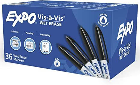 EXPO Vis-à-Vis Wet Erase Markers, Fine Point, Black, 36 Count