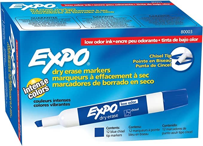 EXPO 80003 Low-Odor Dry Erase Markers, Chisel Tip, Blue, 12-Count