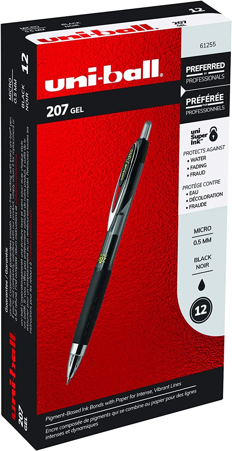 Black Retractable Gel Pens 12 Pack with Micro Points, Uni-Ball 207 Signo Click Pens are Fraud Proof and the Best Office Pens, Nursing Pens, Business Pens, School Pens, and Bible Pens